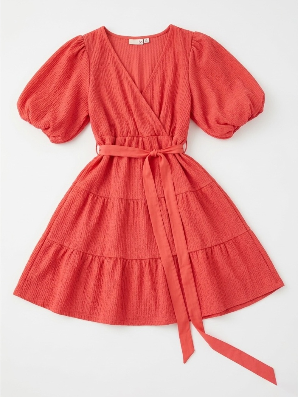 SO Coral Puff-Sleeve Wrap Dress